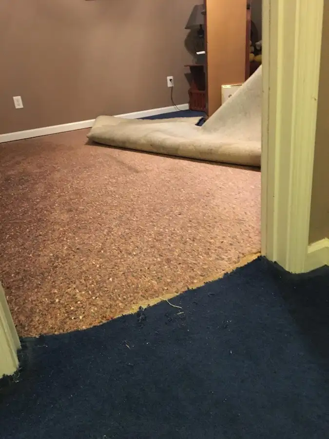 Carpet pad removal revealing water damage during Drying & Dehumidification in Murphy